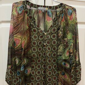 Women's Size Large Asymmetrical Sheer Boho Blouse.